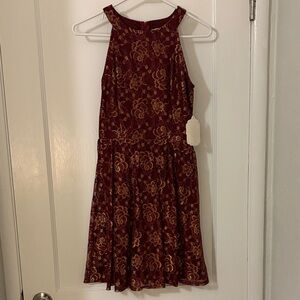 Altar'd State Burgundy and Gold Lace Mini Dress